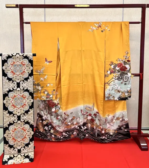 Japanese Kimono "Furisode" "Fukuro obi" 2 piece set/Yellow/Butterfly/Flower