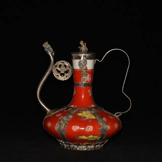 Collect Old China porcelain plated tibet silver plated big belly red wine pot