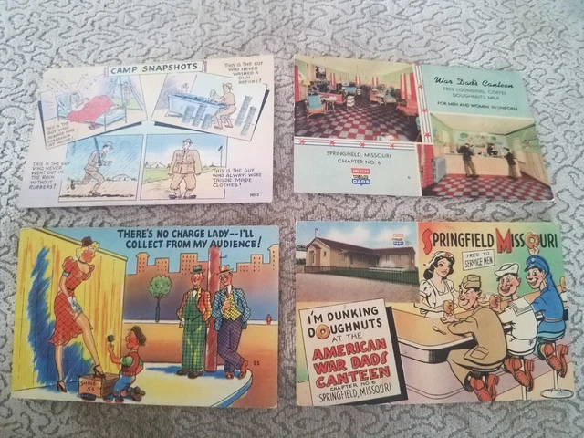 Lot of 4 Vintage WWII Military Army Cartoon Used  Linen Postcards