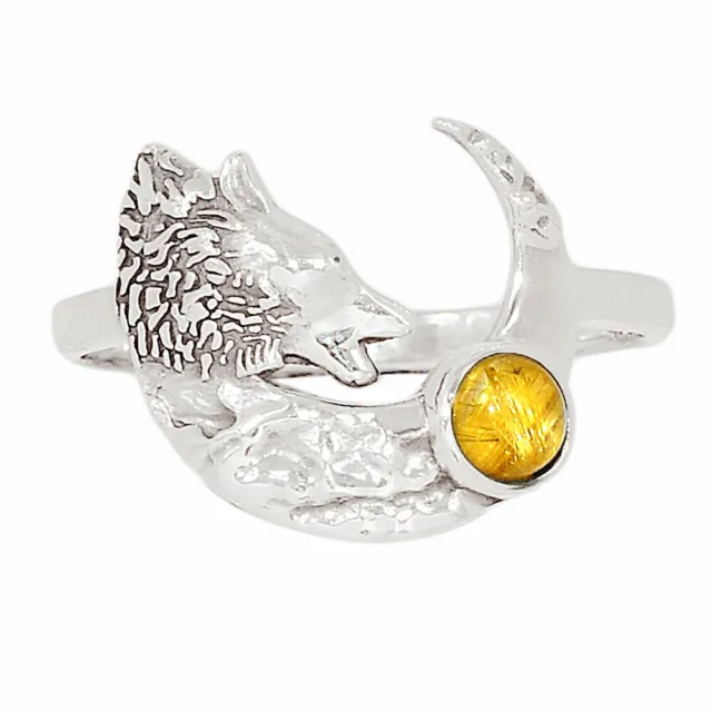 Wolf & Crescent Moon - Natural Golden Rutile - Brazil 925 Silver Ring s.8 CR3376