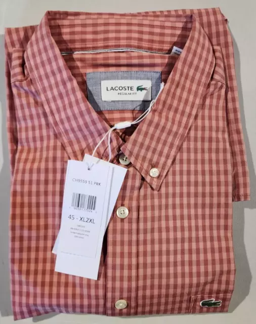 Lacoste mens Long Sleeve Pocket Gingham Poplin Regular Fit Shirt, Red,XL-2XL 3