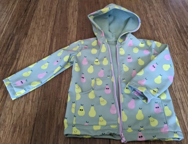 Girls Size 3 Khaki Green Rain Jacket Coat Zipper Hooded Pear Fruit Pattern