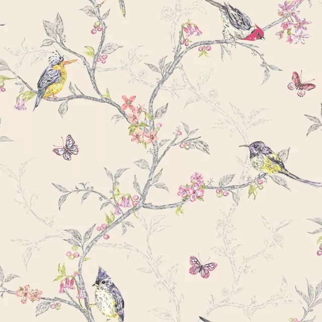 Holden Decor Phoebe Birds Butterfly Branches Leaves Wallpaper - Beige 98082