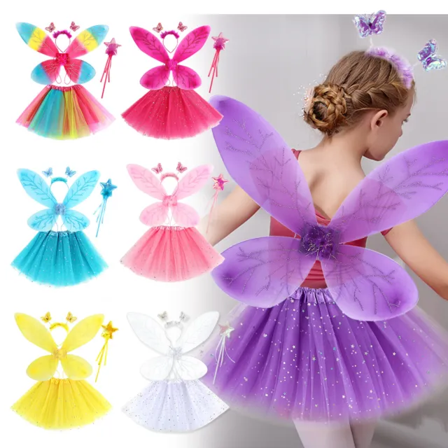 Girls Kids Fancy Dress Up Fairy Halloween Butterfly Wings Tutu Outfit Costume