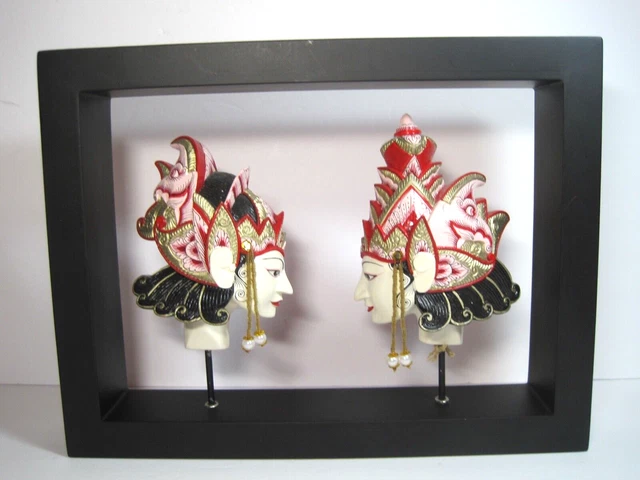 Vintage Doll Indonesian Wood Puppet Javanese Hand Painted 2 Dolls  Head In Frame
