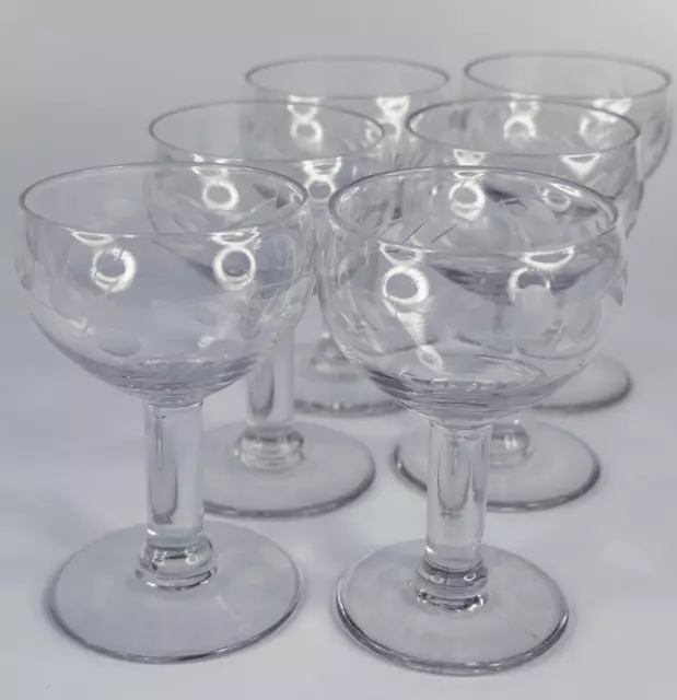 Vintage French Cocktail Bar Set Of 6 Small Cherry Design Etched Liqueur Glasses