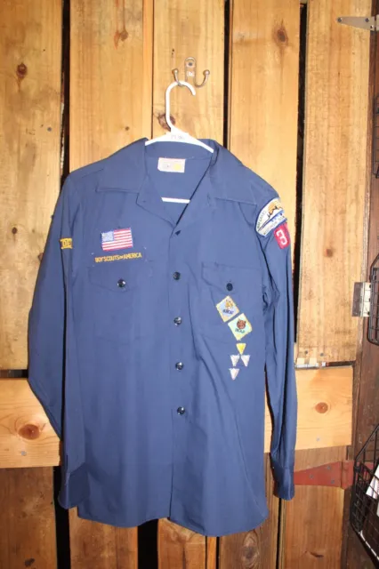 Boy Scouts of America Uniform Youth Shirt Cub Blue Sz 18 SEWN on patches