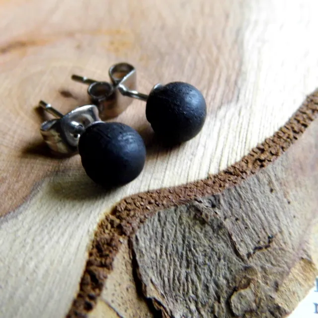 BLACK WOODEN STUDS Small Men Women Organic Eco Wood Stud Earrings | HANDMADE |