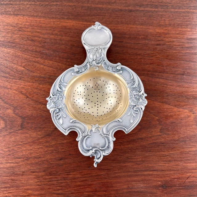 Superb Bruckmann & Sohne German Rococo 800 Silver Tea Strainer Florals & Shield