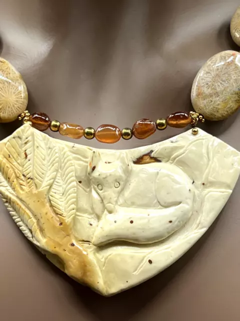 Hand Carved Jasper Fox Pendant Necklace With Chrysanthemum Coral Beads