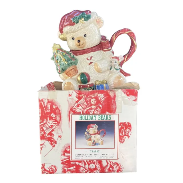 Fitz & Floyd Christmas Teddy Bear Teapot Tree Holiday W/ Original Box Vintage
