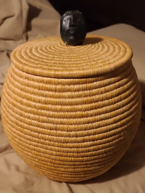 Woven inuit Alaskan basket with cover carved stone handle mary cornie