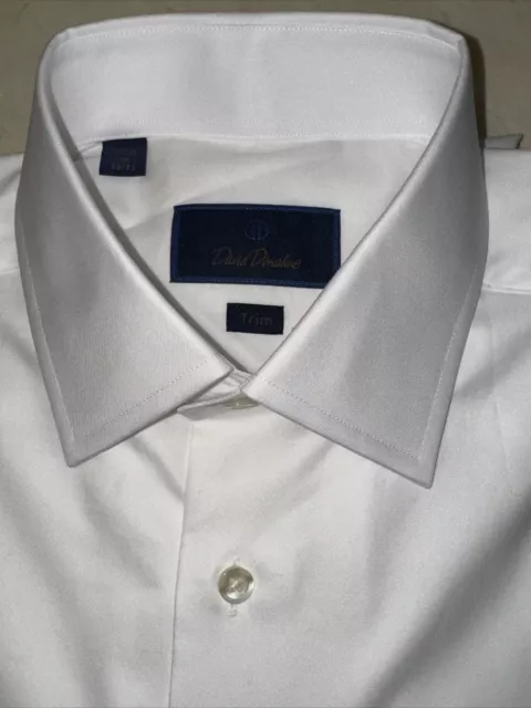 David Donahue Mens White Crisp Cotton Trim Fit Dress Shirt 16/32-33 $165