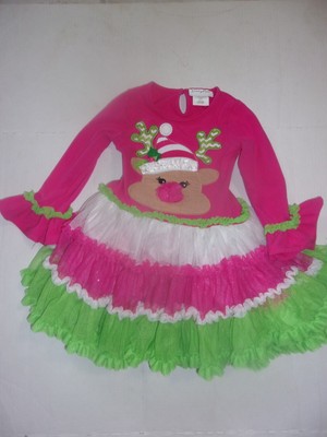 EUC Girls Emily Rose Christmas Reindeer Pink Green Dress Size 4 Long Sleeve