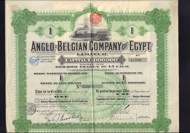 Anglo Belgian Company of Egypt 1907  * Sphinx / Locomotive Vign * iss London UK