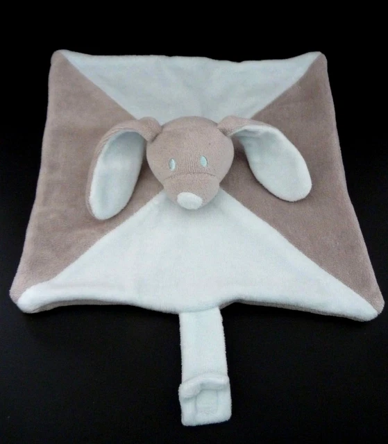 *. Doudou Plat Babou Lapin Forme Carre Gris Bleu Attache Tetine - Excellent Etat