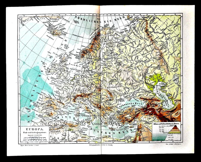 1902 ALTE KARTE: Landkarte von Europa. Fluss- und Bergesystem. MEYERS ...