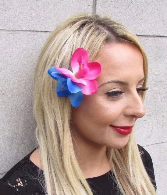 Hot Pink Blue Double Orchid Flower Hair Clip Rockabilly 1950s Fascinator 3483