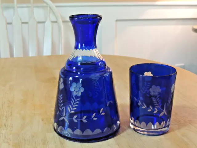 Vintage Bohemian Cobalt Blue Cut to Clear Bedside Water Decanter & Glass, Beauty