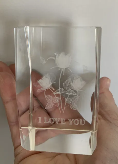 Crystal Glass 3D Laser Etched I LOVE YOU Rose & Butterfly Solid Cube Paperweight