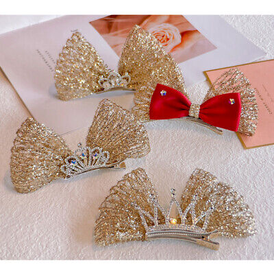 Baby Girls kids Gold Sparkling Crown Bow Hair Clip Bows Clips Toddler Party
