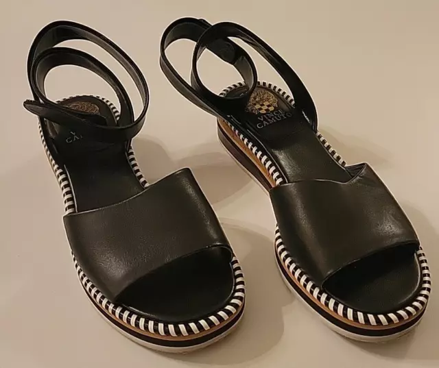 Vince Camuto Mariena Wedge Sandals Women's Size 8M Black Leather Ankle Strap