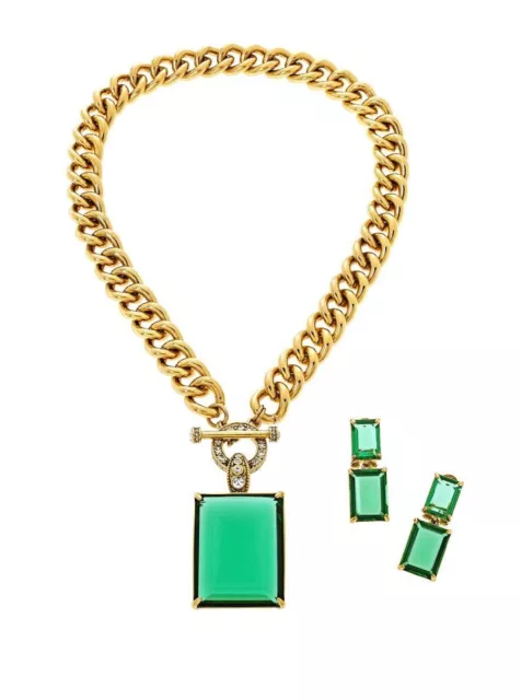 Heidi Daus HOT ROCKS  Enhancer Necklace Pendant Clip On Earring Set-GREEN