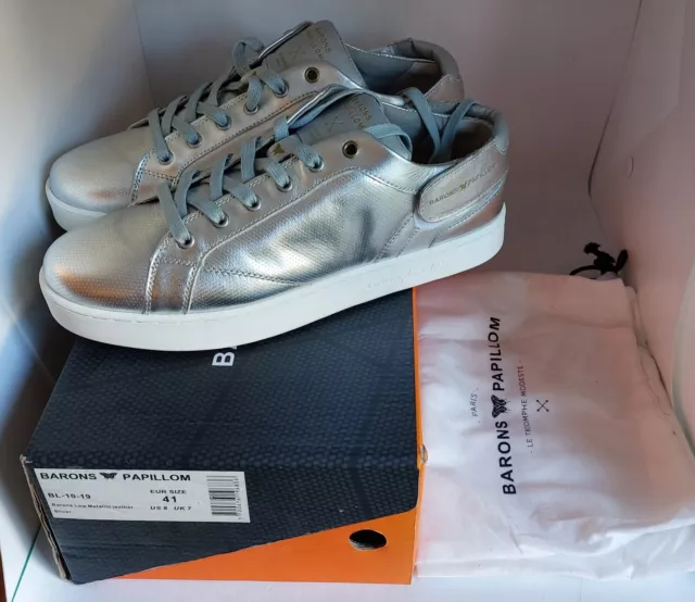 Sneakers unisexe haut de gamme en cuir argenté (taille 41) - Barons Papillom