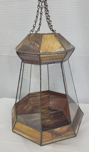 Large Stained Glass Hanging Plant Terrarium Brown Slag Glass 15" Tall Hand made