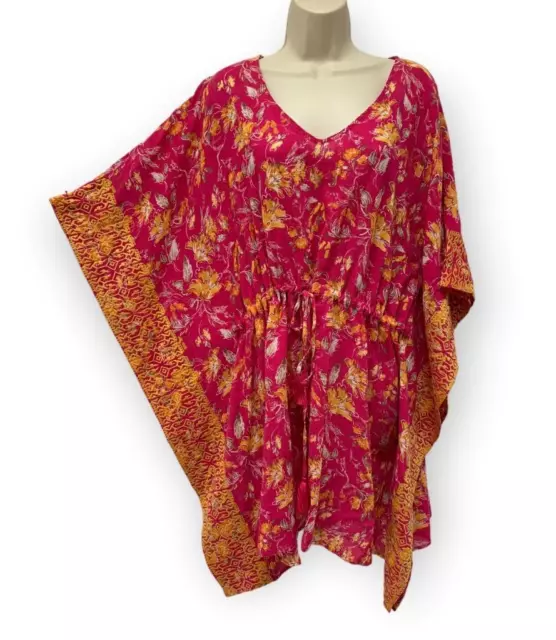 Garnet Hill XL Kimono Top Tunic 100% Cotton Gauze Embroidered Dark Pink Gold