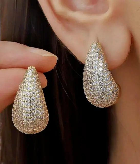 Trendy Water Tear Drop Chunky Gold Silver Rhinestone Crystal Earrings Uk Seller