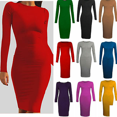 Womens Ladies Long Sleeve Midi Dress Stretch Bodycon Plain Jersey 8-26