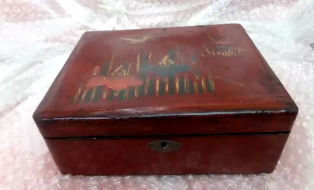 Oriental Old Asian Chinese Japanese lacquered Wooden Box Trinket Jewellery Box 2