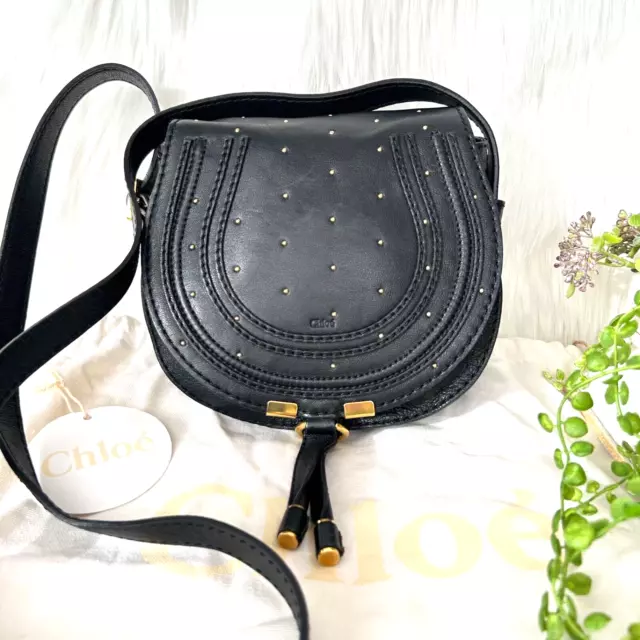 *Rare!* Chloe Marcie Shoulder Saddle Crossbody Bag Purse Black Studs