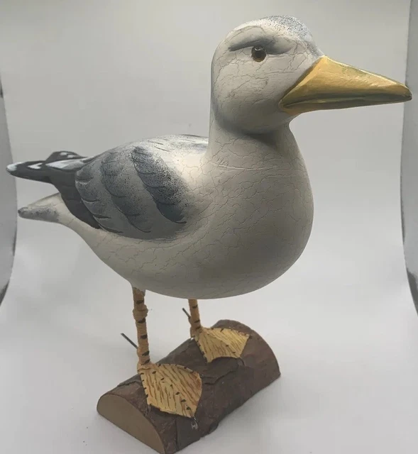 VTG Folk Art Hand Painted Resin Seagull On Wood Base Glass Eyes Sculpture/Figure