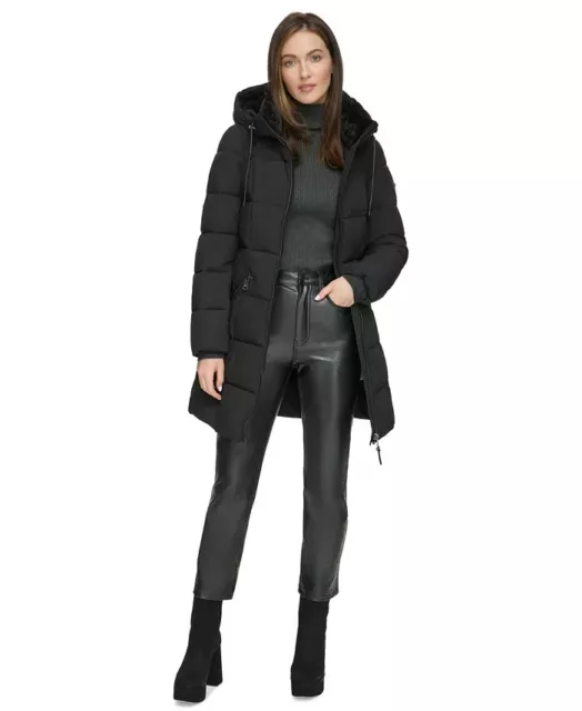 Dkny Black Faux-Fur-Trim Hooded Puffer Coat B11217 Womens Size M 2