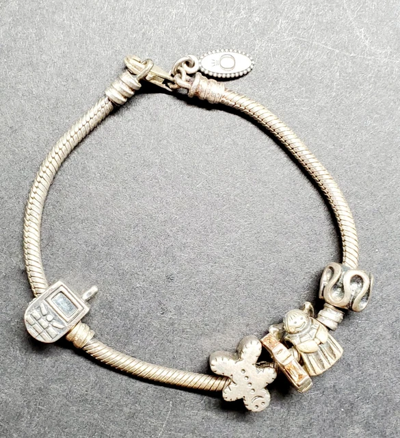 Genuine Pandora Silver Moments Lobster Clasp Snake Chain Charm Bracelet 7.5”