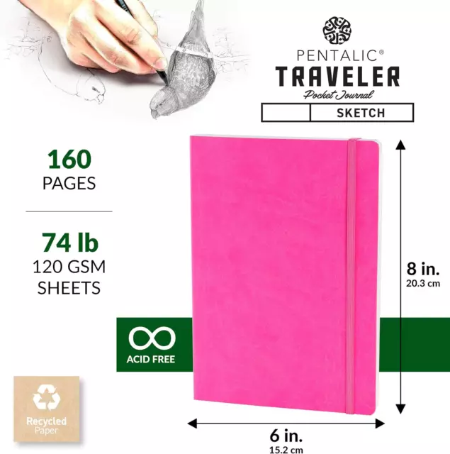 Pentalic Traveler Pocket Journal Sketch, 6" x 8", Bright Pink 3