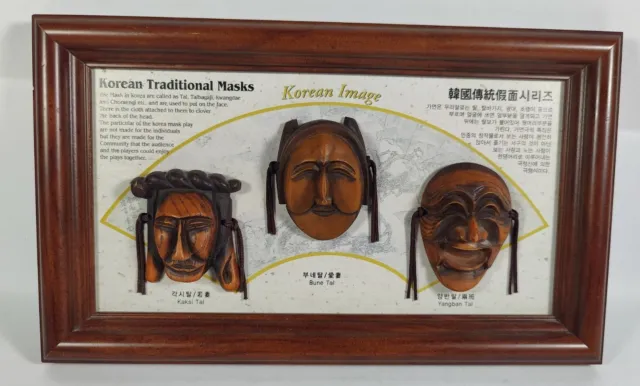 Korean Traditional Masks Framed in Shadow Box Wall Art Decor Used See Pictures!