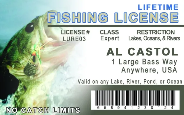fun novelty Lifetime Fishing License Fisherman plastic ID card Drivers License