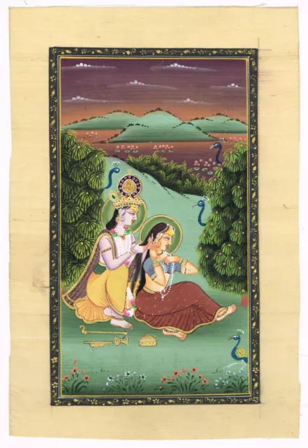 Radha Krishna Ethnique Peinture Main Indien Religieux Folk Art Sur Soie Tissu