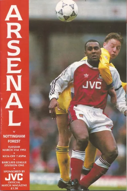 Football Programme - Arsenal v Nottingham Forest - Div 1 - 31/3/1992