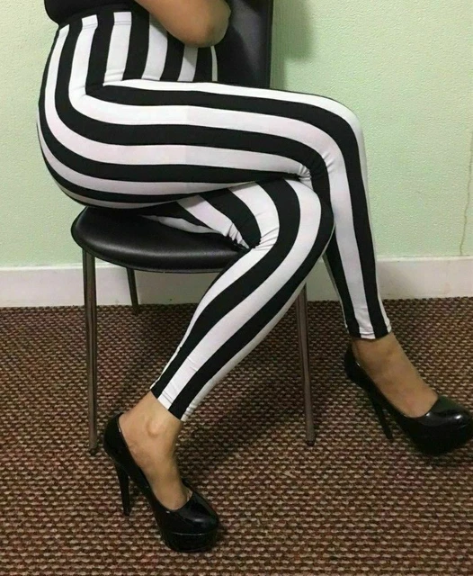 Donne Ragazze Vita Alta Leggings Bianco e Nero Righe Pantaloni 8-22 5