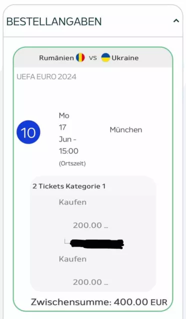 2 EM-Tickets | Kat 1 | Rumänien - Ukraine | München 17.06.24 | UEFA EURO 2024