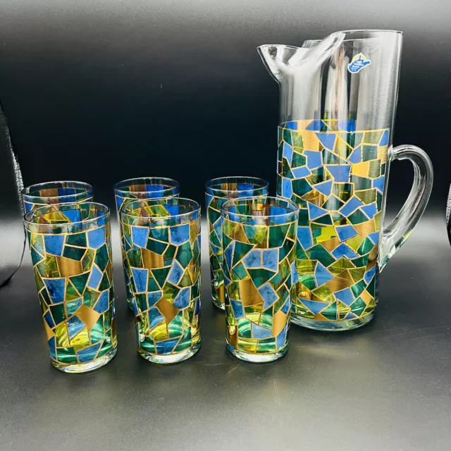 Vtg MCM West Virginia Glass Martini Cocktail Set 22 K Gold Mosaic 7 pc Pitcher