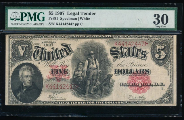 AC Fr 91 1907 $5 Legal Tender PMG 30 woodchopper!