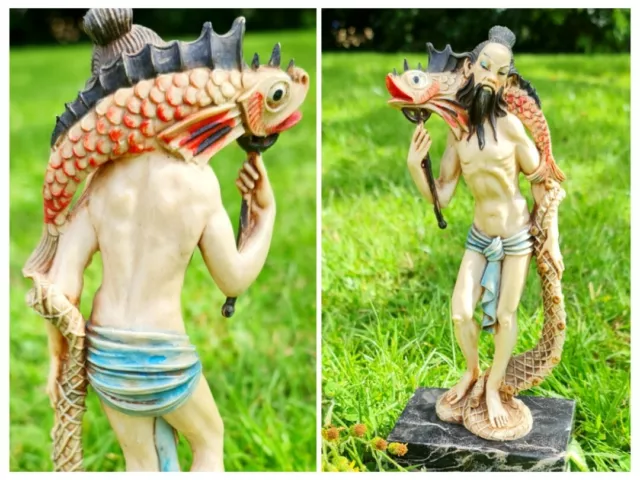 Chinese Shiwan Ceramic Figurine Mudman fisherman with big fish statue Vintage