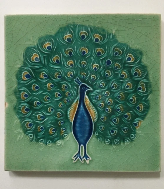 Vintage Majolica Tile DANCING PEACOCK 6in x 6in Japan (9845)