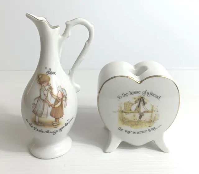 HOLLY HOBBIE Porcelain Stem Vase, Heart Candle Holder Ornament Vintage 1970s