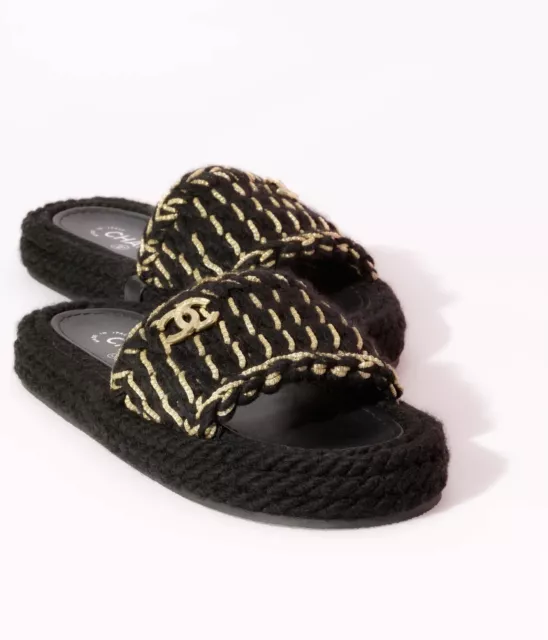 CHANEL BLACK BRAIDED Knit Tweed Logo Sandals Slides Mules £1,375.26 -  PicClick UK